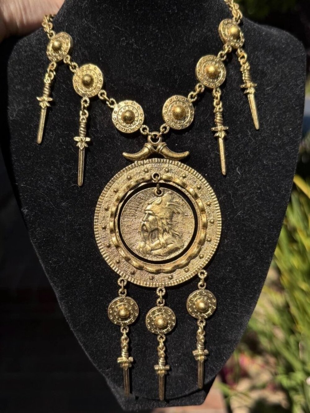 Signed Trifari 1970s Gold Tone Viking Runway Statement Necklace w Swords/Shields